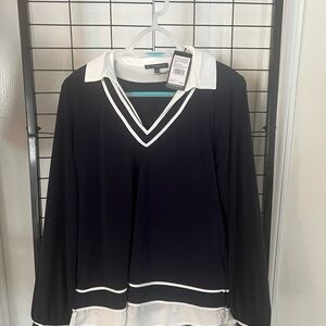 Adrianna Papell deep navy  and White V-Neck Blouse new w/tags $70 sz lg